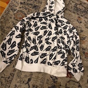 Nike White Hoodie with Black All-Over Swoosh Print